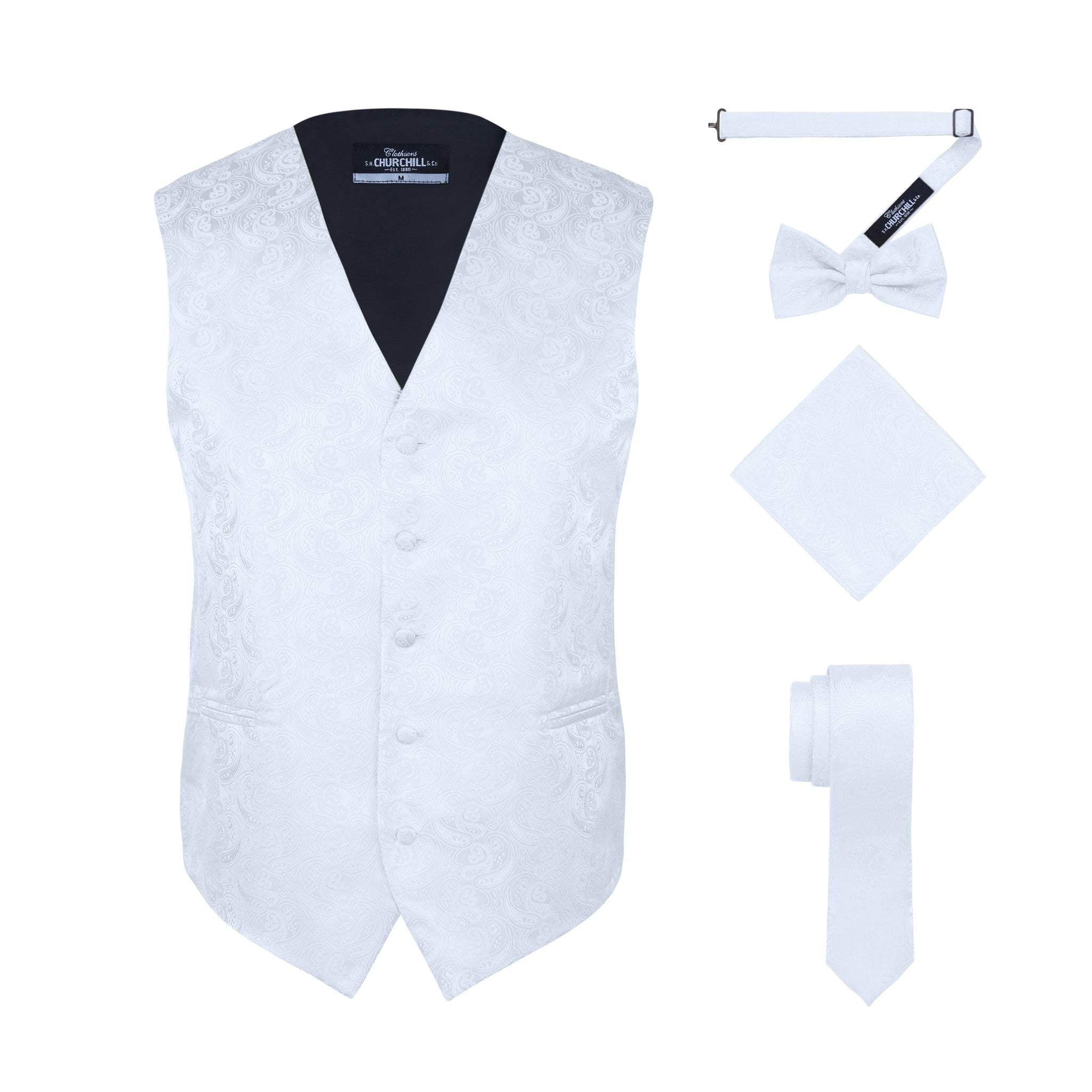 White Paisley Satin Vest good and Matching Bow Tie or Long Tie and Pocket Square